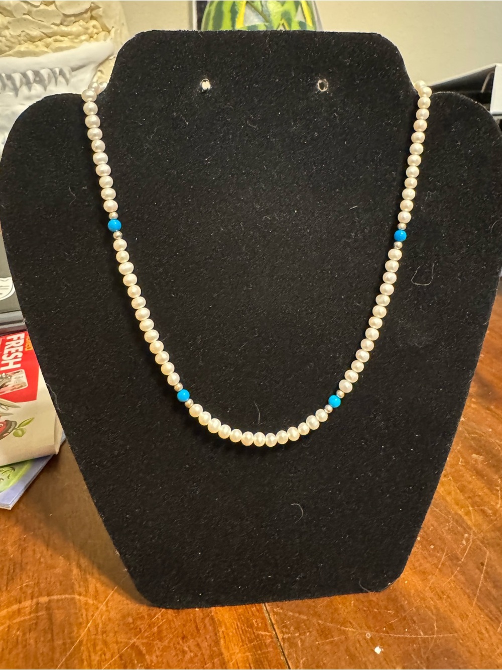 Pearl Necklace with Turquoise Accent - Classic Women's Jewelry